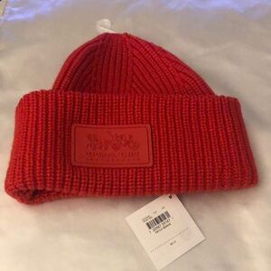 Coach Patch Logo Ribbed Beanie Fold Over Cuff Color Sport Red OS NWT